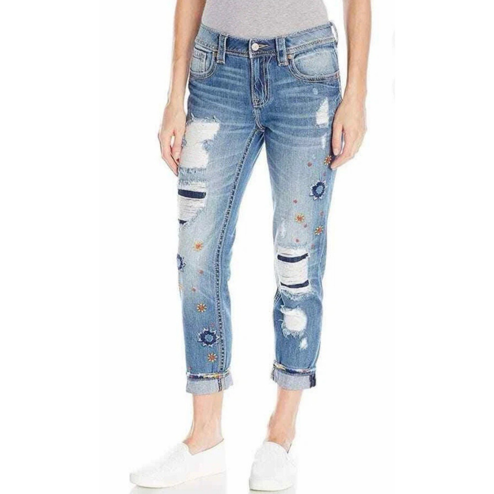 Miss Me Boyfriend Jeans Womens 29 Embroidered Ankle Distressed Casual Boho